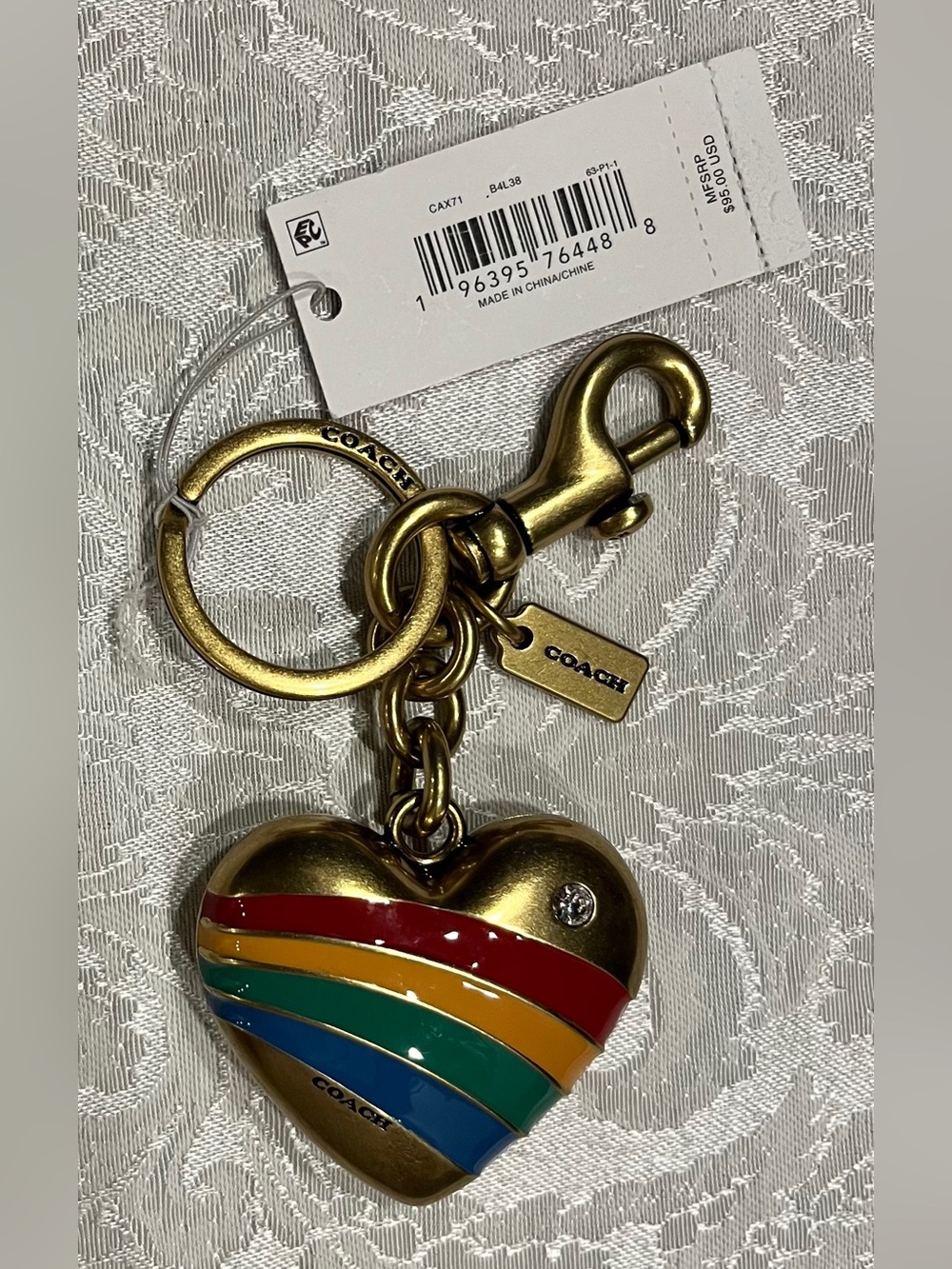 Coach Gold Puffy Heart Keychain with Crystal and Multicolor Rainbow Stripes